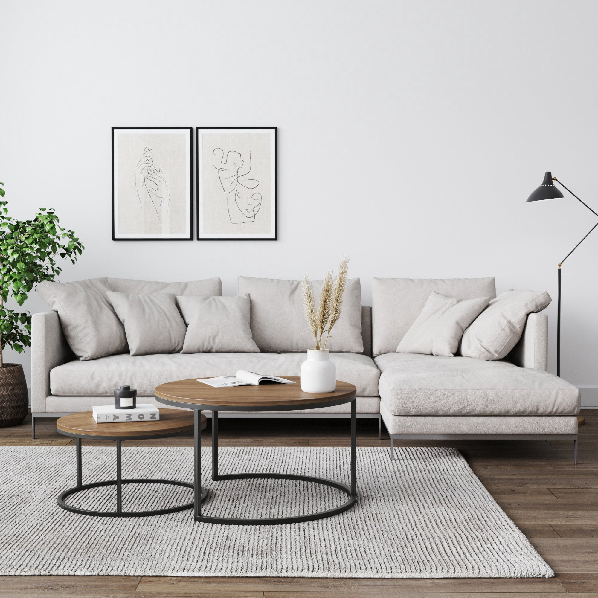 Nathan James Stella Round Modern Nesting Coffee Table Set of 2, Stacking Living Room Accent Cocktail Tables with an Industrial Wood Finish and Powder Coated Metal Frame, Reclaimed Oak/Black