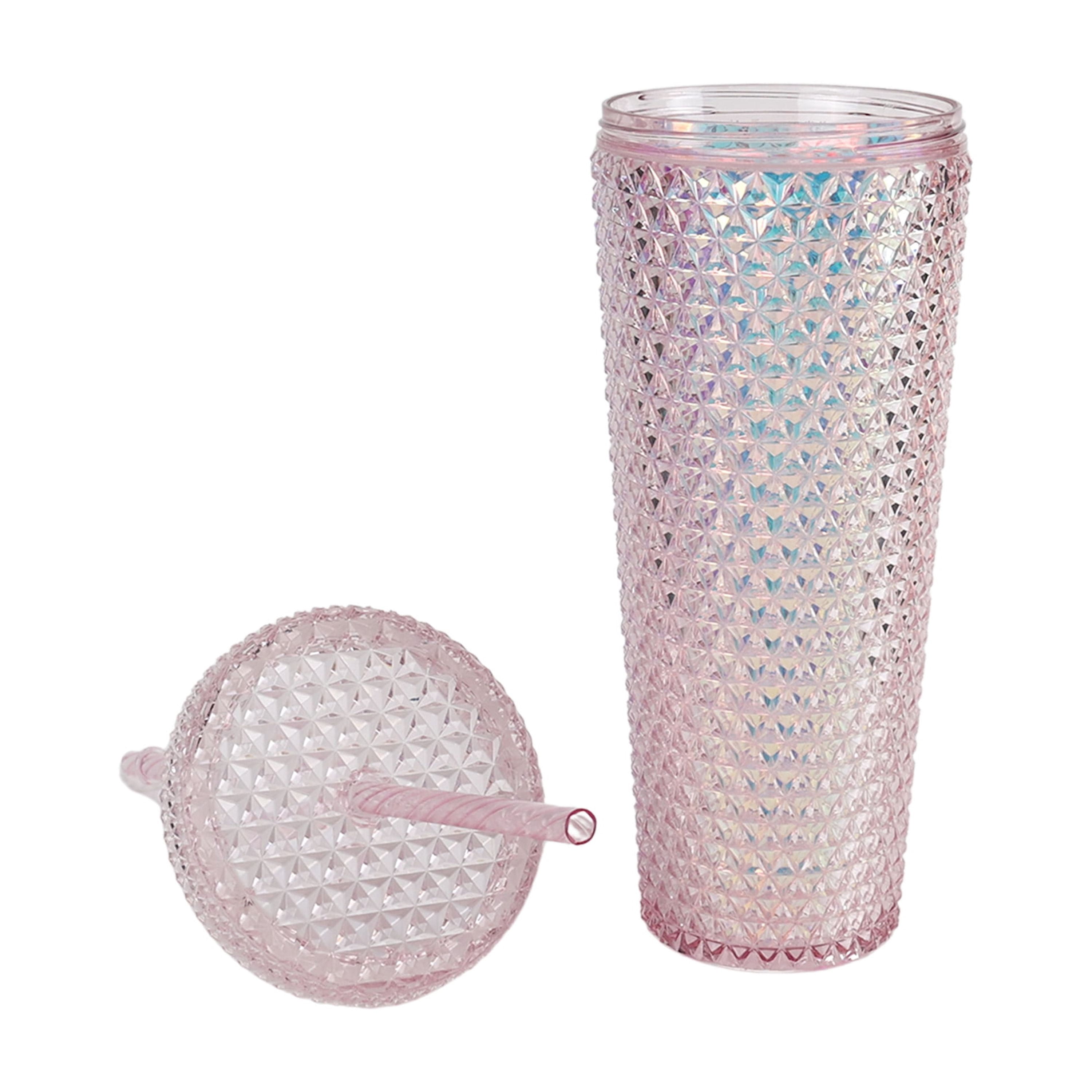 (4 pack) Mainstays 26-Ounce Capacity Plastic Double Wall Insulated Iridescent Textured Tumbler, Pink