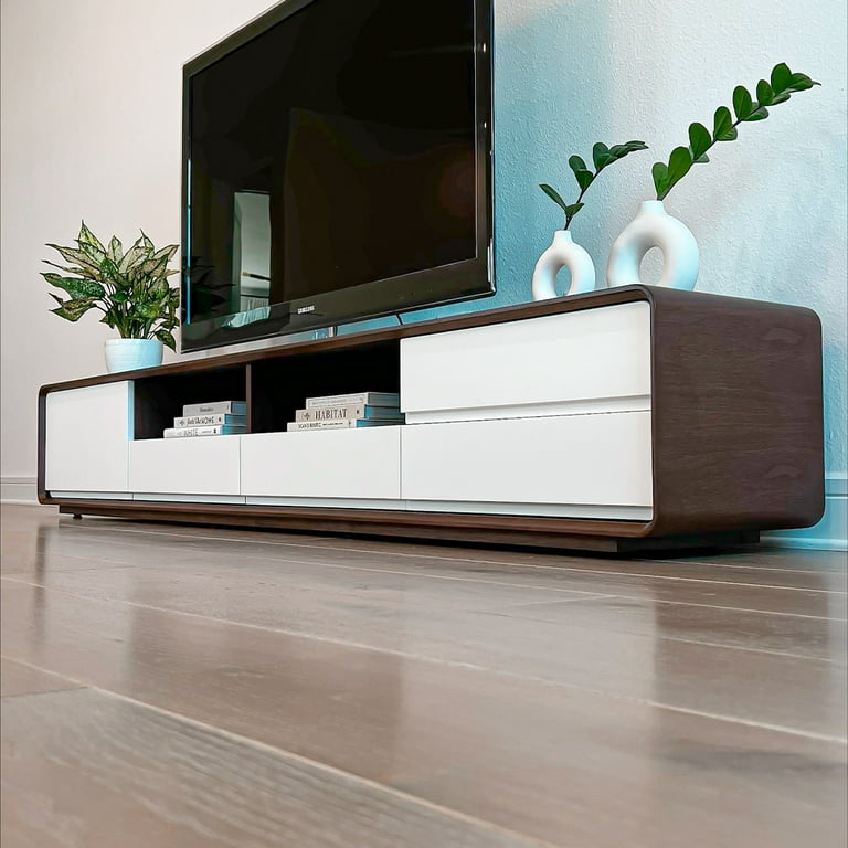 Modern Wood White TV Stand Lowline Media Console with 4 Drawers Open Storage Cabinet Walnut Veneer Fully Assembled 78