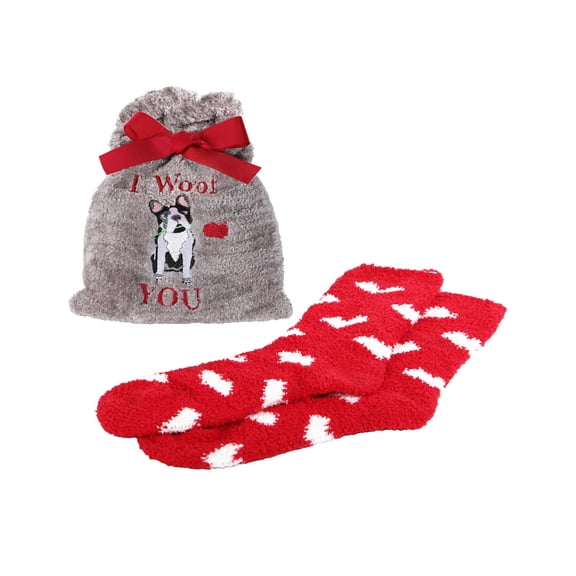 MeMoi I Woof You Cozy Socks & Gift Bag Set, One Size, Gray