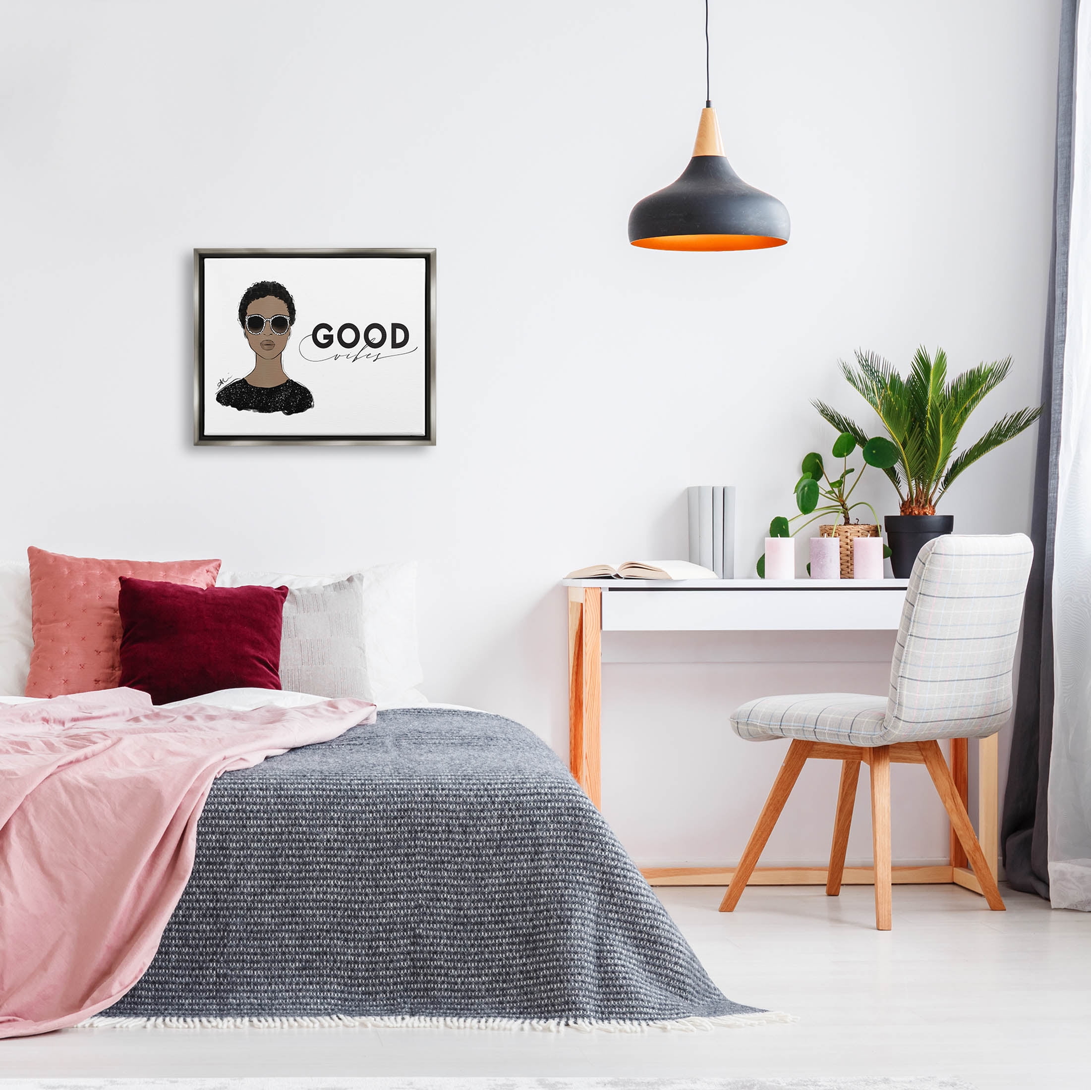 Stupell Industries Good Vibes Glam Portrait Graphic Art Luster Gray Floating Framed Canvas Print Wall Art, Design by Alison Petrie