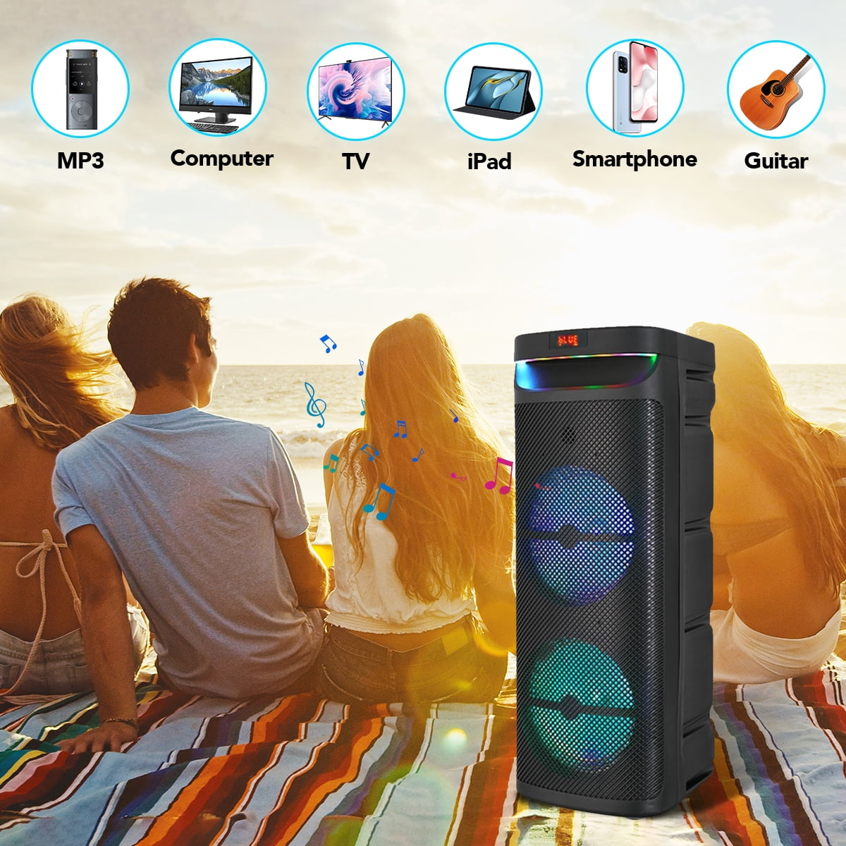 Dual 10" Portable Wireless Bluetooth Party Speaker Heavy Bass Sound System Subwoofer w/ Mic FM