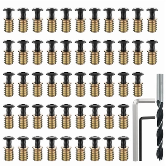 50 Sets 1/4-20 X 19/32" Threaded Insert and Bolt for Wood, Hex Socket Drive Furniture Screw Nut Assortment Kits