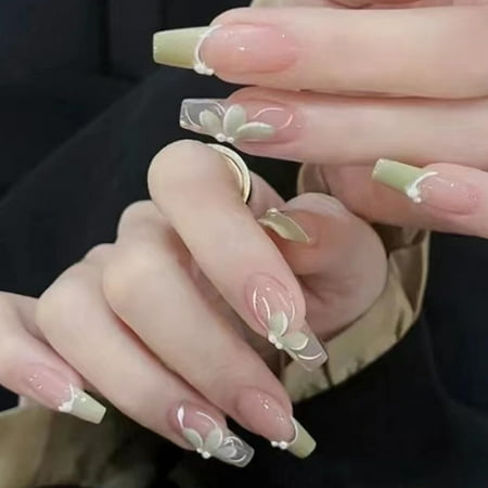 

24Pcs Glossy Light Green False Nails Gentle Flower Nails for Women and Girl