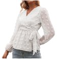 thumbnail image 1 of Blusa de manga larga con lazo y cordón con pompón y cuello en V para mujer Fridja  hj3630, 1 of 7