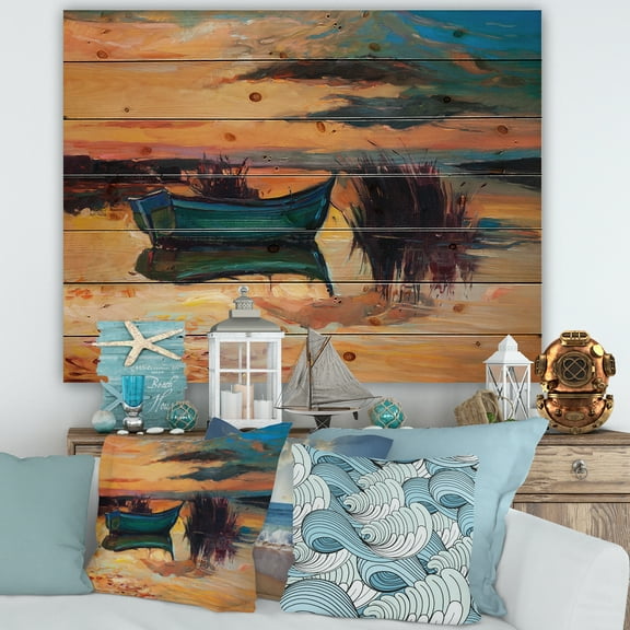 Designart 'Boat At The Lake During Evening Glow I' Nautical & Coastal Print on Natural Pine Wood