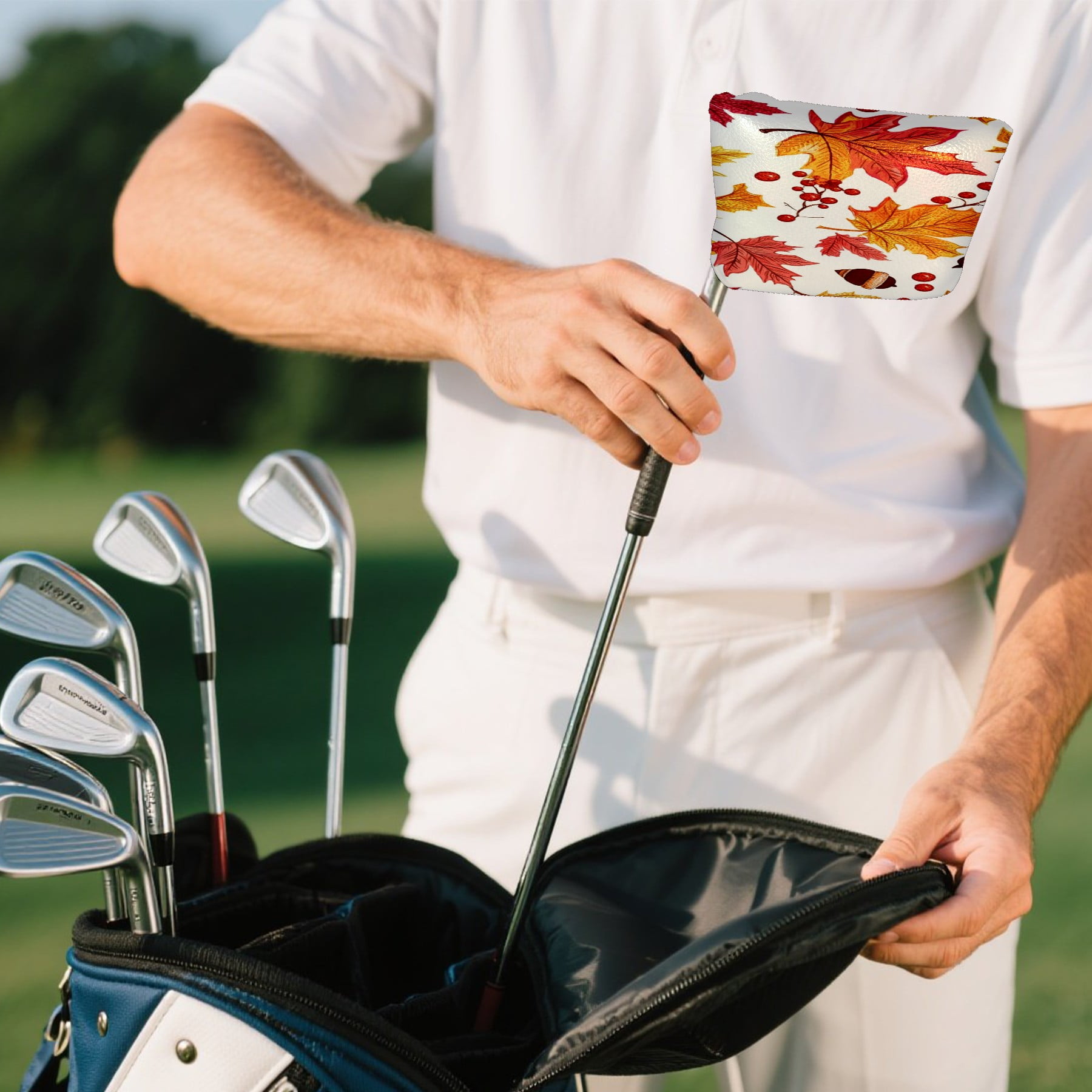 Golf Mallet Putter Cover Premium Leather Waterproof Golf Putter Head Cover with Magnetic Closure Autumn Maple Leaves