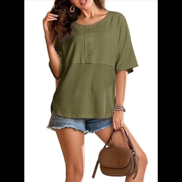 Blusas de Punto Gofre para Mujer, Moda 2025, Blusas de Patchwork Extragrandes con Cuello Redondo y Mangas 3/4, Verde L