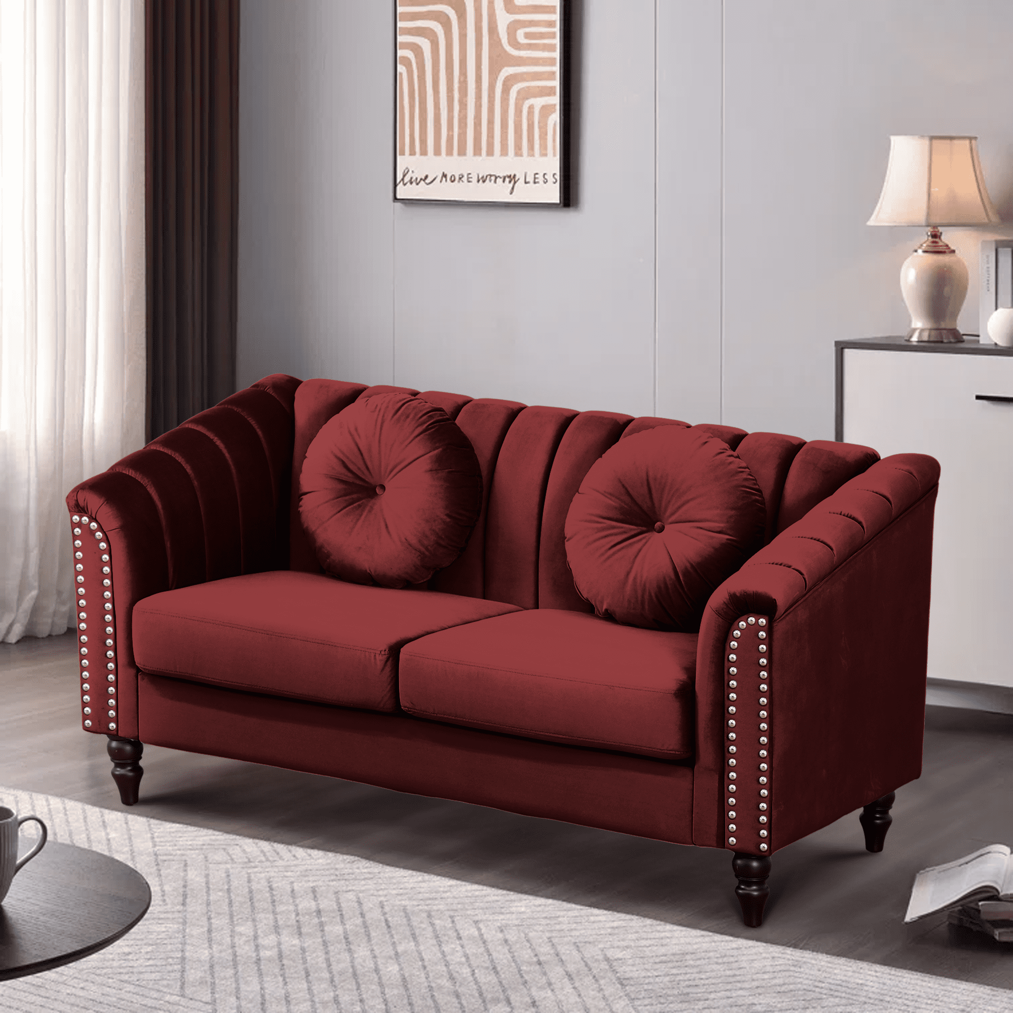 Aukfa 2 Pieces Sectional Sofa Couch Set, 21" Deep Seat Sofa for Living Room, 3 Seat Sofa, Loveseat,Red