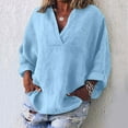 thumbnail image 2 of Womens 100% Cotton Linen Tunic Long Sleeve V Neck Gauze Shirt Casual Work Lounge Blouse Tops Sky Blue L, 2 of 6