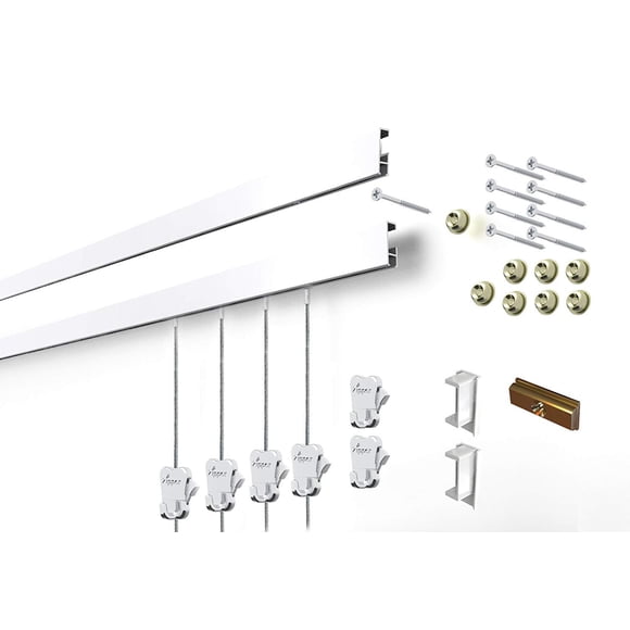 Stas Cliprail Picture Hanging System Set - Covers 9.84 Ft Of Wall Space - Basic Picture Rail & Art Hanging Gallery Kit (White Rails Includes 6 Hooks & 4 Cords)