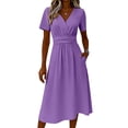 thumbnail image 6 of Ecqkame Summer Dresses for Women V Neck Short Sleeve Empire Waist Tummy Control Casual Long Dress Lightweight Flowy Vacation Dress Purple XXXL, 6 of 7