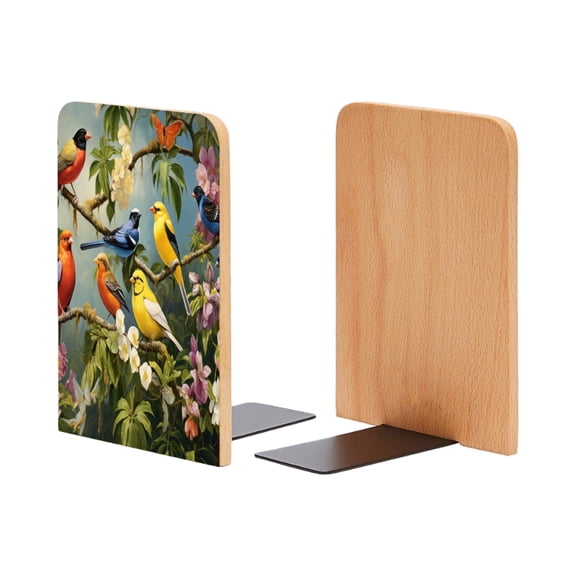 Bookends 1 Pair Non-Skid Bookend Wood Bookends for Shelves Book Stand for CDs - Group of Colorful Birds Perched on Branches