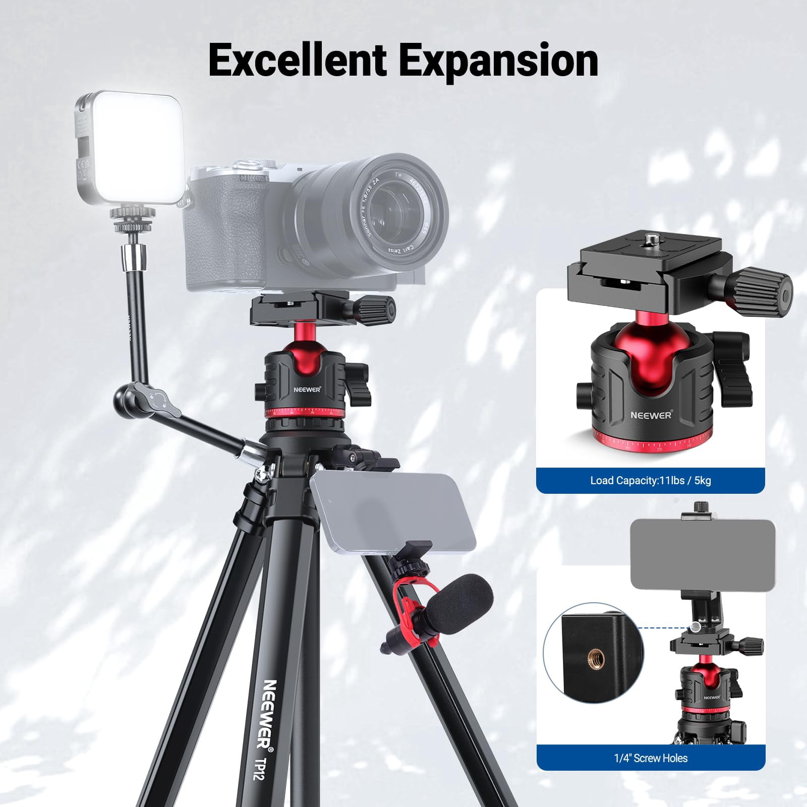 NEEWER TP12 66.5" Travel Tripod, Ball Head, Arca QR Plate, Phone Holder, 11 lb Load