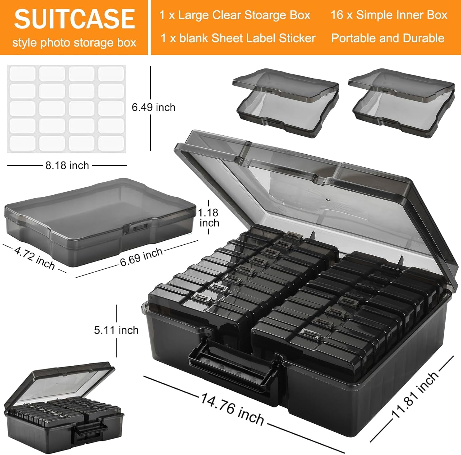 Photo Storage Box with Handle, 4" x 6" Photo Organizer Storage Container with 16 Inner Case, Photo Case for Pictures, Arts, Office Supplies - Black