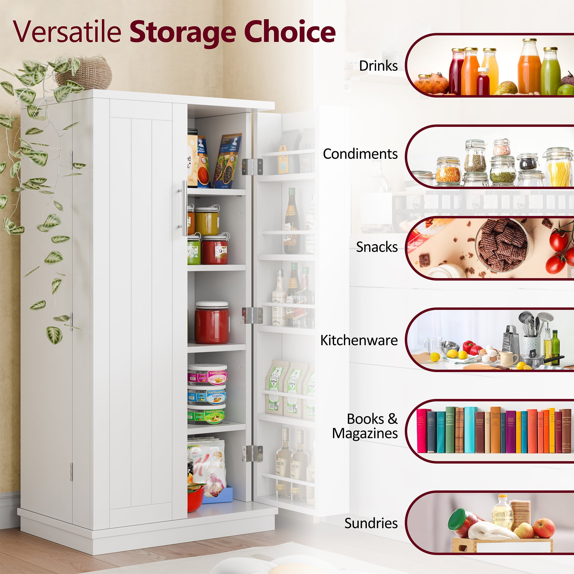 Walsunny Pantry Food Storage Cabinet 47" Free Standing Craft Cupboard with Doors Adjustable Shelves for Kitchen Entryway Dining Room Bathroom White
