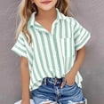 thumbnail image 2 of akafmk Girls Short Sleeve Shirts Cotton Linen Stripe Button Down Shirt Collared Relaxed Summer Casual Beach Shirt, 5-15Y, 2 of 8