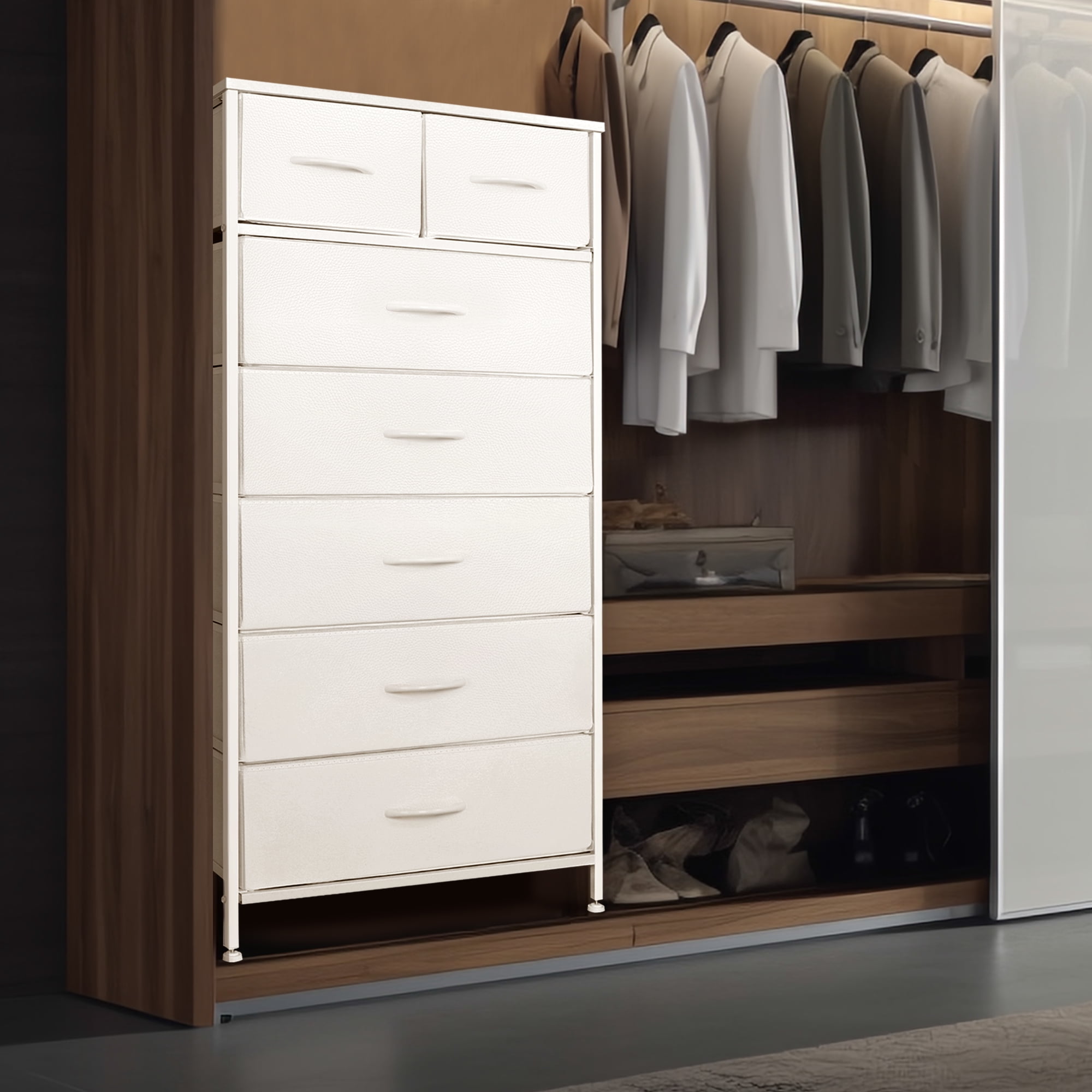 Tall Dresser with 7 Drawers for Bedroom, 5+2 Vertical Storage Organizer Tower, Chest of Drawers with Fabric Bins, Steel Frame, Handle, Wood Top for Home Living Room, Closet, Entryway - White