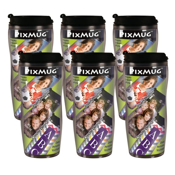 PixMug – 14 oz Photo Travel Mug with Flip Top - The Mug That's a Picture Frame - DIY - Insert Your Own Photos or Create and Print Inserts Online – 6 Pack