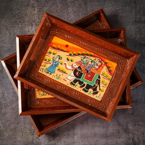 Swadeshi Blessings Wooden Serving Tray Set- Handcrafted & Hand-Painted for Kitchen/Table & Home Decor/Dinning/Gifts/Restaurants/Living Room/Coffee Table (Set of 3 Trays) (Brown)