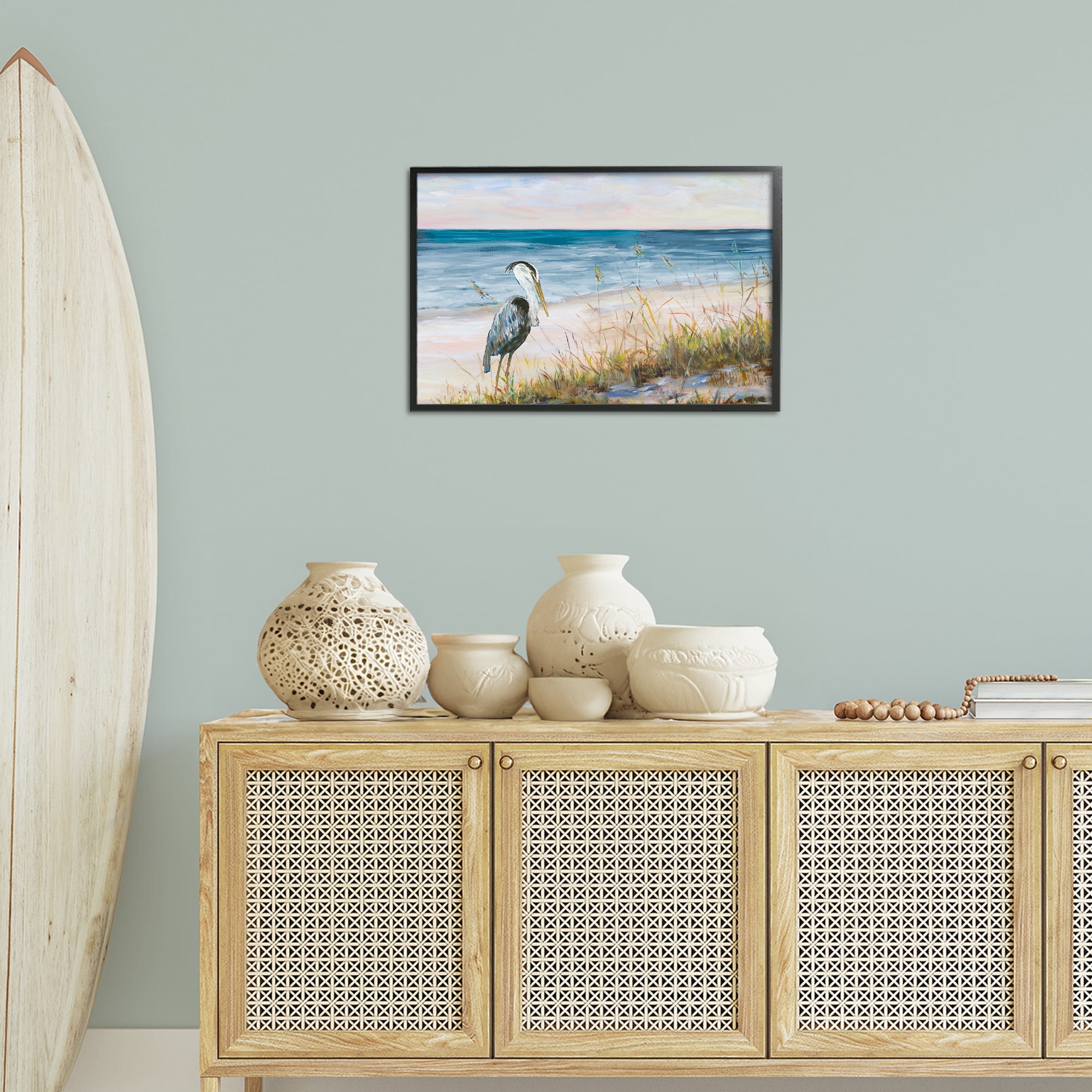 Stupell Industries Calm Pelican on Beach Landscape Painting Black Framed Art Print Wall Art, 24 x 16