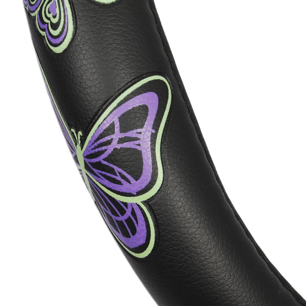 BDK GripGrab Comfort Grip - Purple & Green Butterflies on Black Synthetic Leather Steering Wheel Cover 15 inch