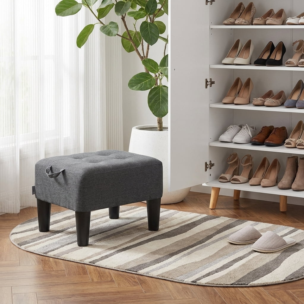 Ledrem Small Footstool Ottoman with Thick Cushion, Angled Legs, Hidden Storage Compartment, Dark Gray