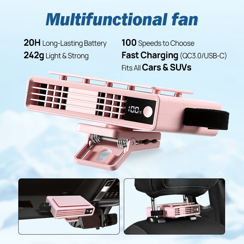 Car Cooling Fan for Backseat Front Rear Seat Clip on Sun Visor Fan Pink 3000mAh Rechargeable Battery for SUV RV UTV Truck