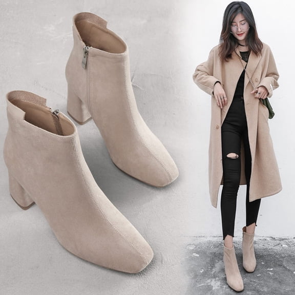 LOLIPPYY 1Pair Stylish Beige Ankle Boots with Thick Heel PU Rubber Material Comfortable Wear