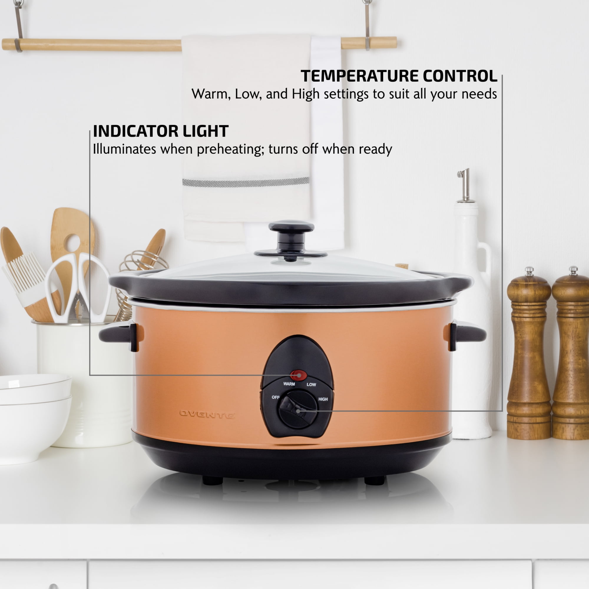Ovente Electric Slow Cooker 3.7 Quart with 3 Temperature Settings, Dishwasher Safe Removable Ceramic Pot & Tempered Glass Lid, Portable Multicooker Soup Maker and Mulled Wine Warmer, Copper SLO35ACO
