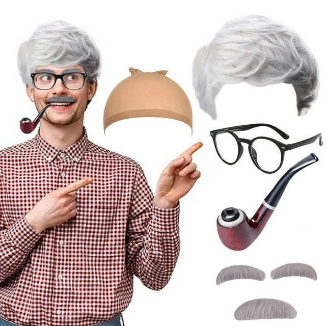 Set de peluca de cosplay para hombre mayor con pipa, gafas, bigote y cejas