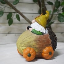 Garden Gnome Statue Car with Pumpkin Wheels, Corn Festival Theme Resin Candy Wagon for Fall and Christmas Decor, Home Centerpiece Gift Idea