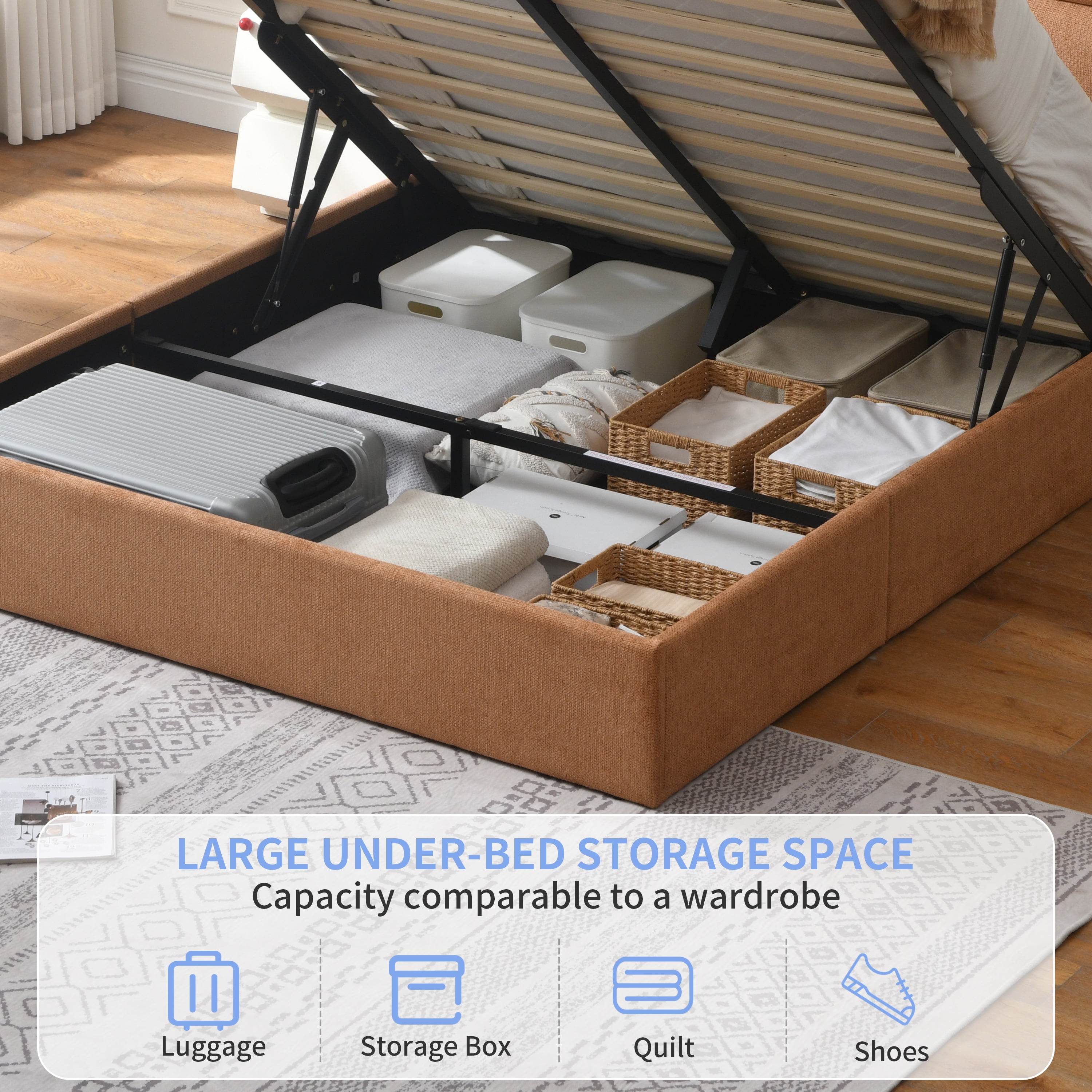 Queen Bed Frame with Lift Up Storage, Wood Bed Frame with Headboard and Solid Wood Slats Support, Sturdy and Noiseless, Ocher