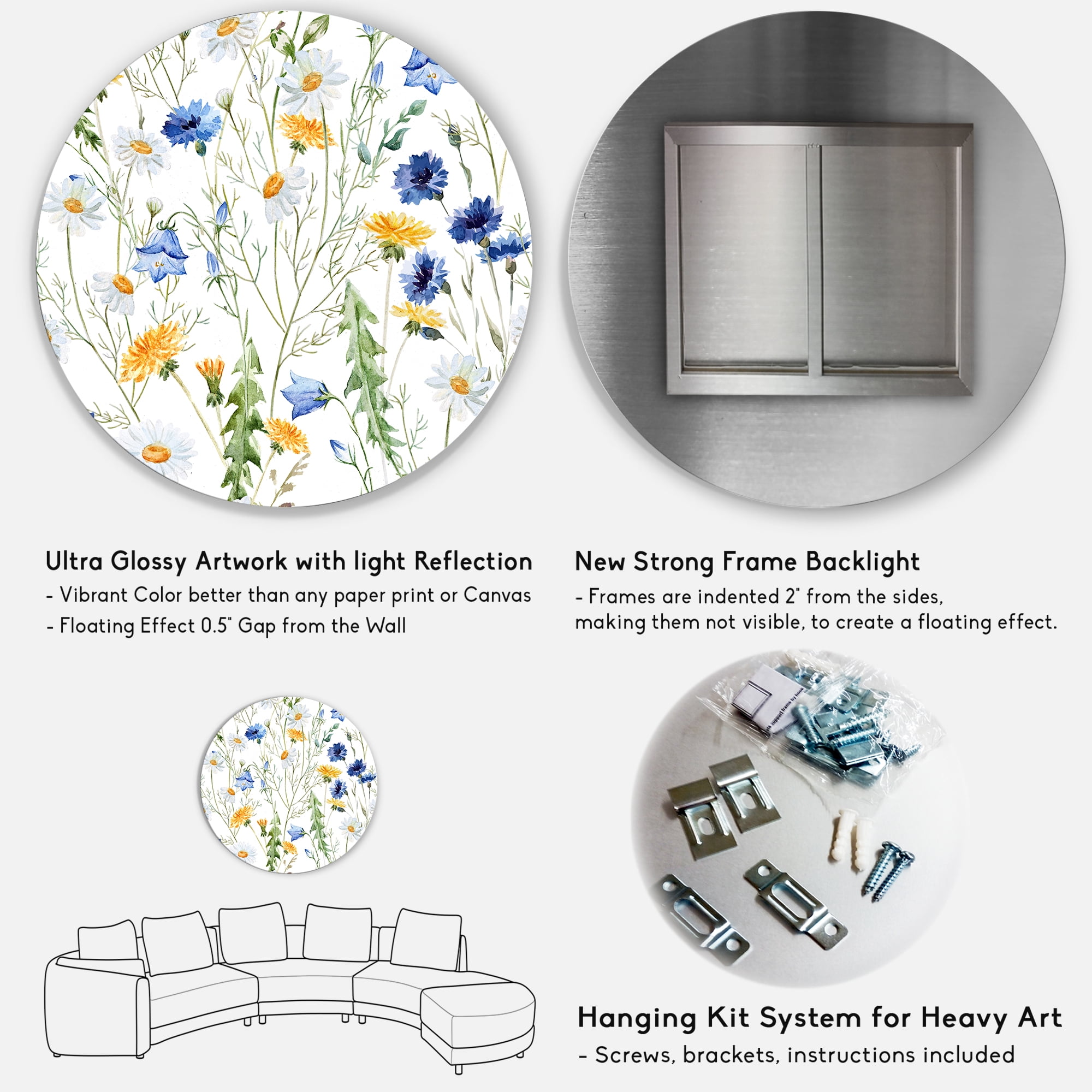 Designart 'Wildflowers Clover Bell and Chamomile II' Traditional Circle Metal Wall Art 36x36 - Disc of 36
