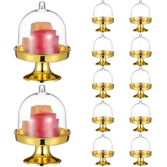 Topboutique 12 Pcs Mini Cake Stand with Lid Plastic Cupcake Display Plate with Dome Cover Dessert Container Chocolate Candy Case for Birthday Wedding Tea Party Supplies (Gold)