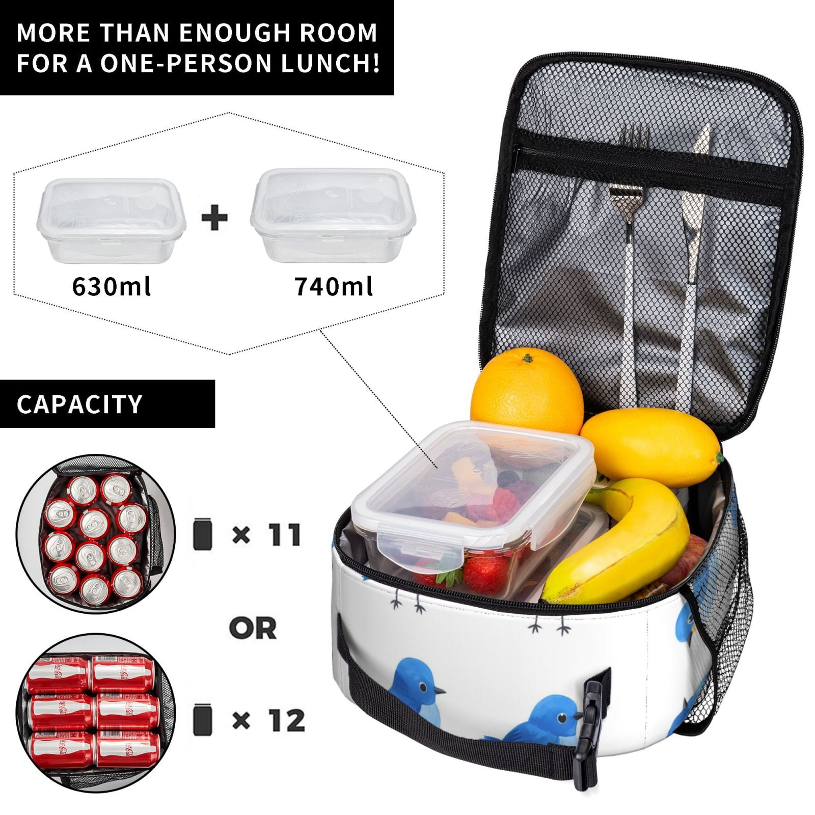 Lunch Bag For Women Men Insulated Portable Lunch Box Bento Box Office Picnic Travel Cooler Bag Blue Birds