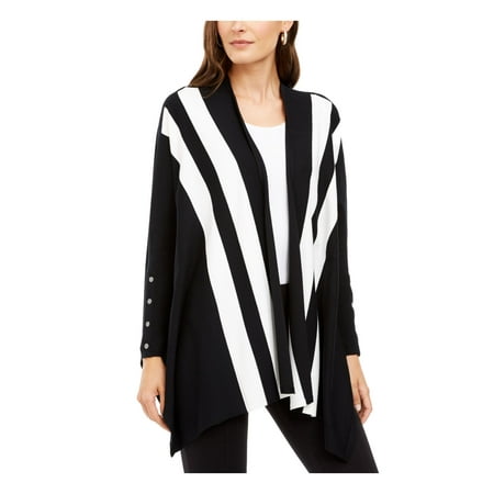 ALFANI Womens Black Striped Long Sleeve Open Cardigan Sweater Petites PL