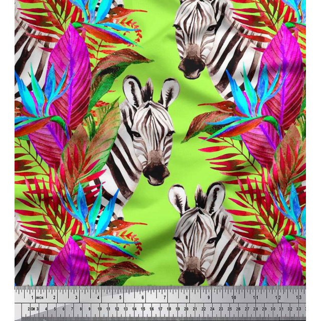 Soimoi Green polyester Crepe Fabric Tropical Leaves & Wild Animal Decor Fabric Printed BTY 52 Inch Wide
