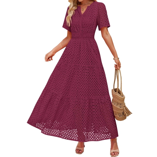 Vestido largo ZESICA 2025 de verano con manga corta y cuello en V para mujer