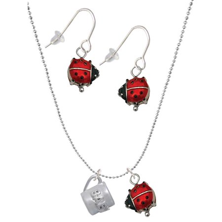 Delight Jewelry Silvertone Baby Cup with Crystal Red Lucky Ladybug Necklace and Dangle Earrings Set