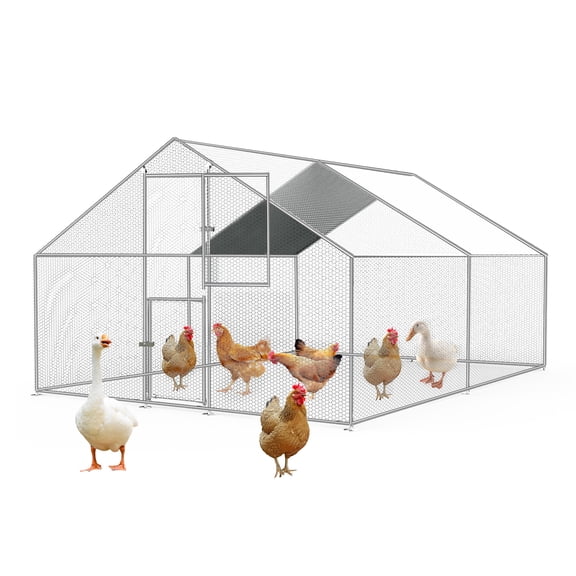 Large 13 ft Walk-in Chicken Run with Cover, Metal Poultry Cage for Backyard, Outdoor Hen House Enclosure, Silver