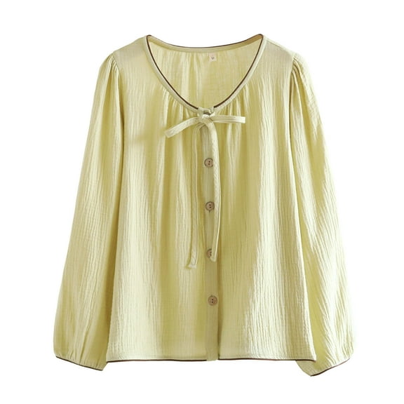 Under 10 dollars! Women Long Sleeve Pajama Tops Button Down Shirts Crewneck Lace Up Cute Blouses
