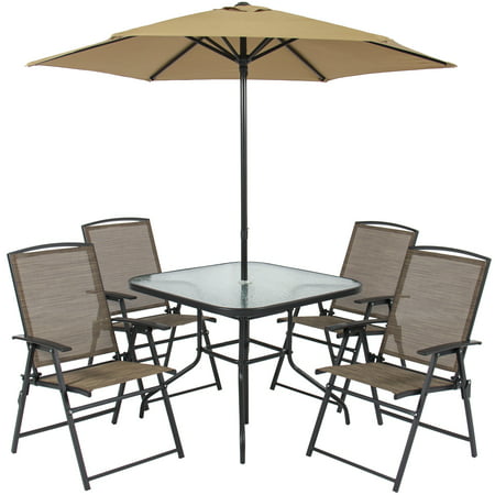 Best Choice Products 6-Piece Outdoor Folding Patio Dining Set w/ Table, 4 Chairs, Umbrella, and Built-In Base