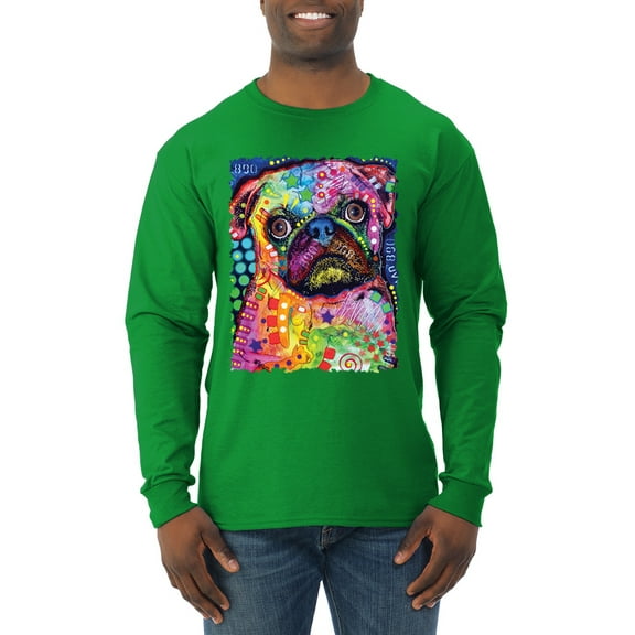 Funny Neon Pug | Dean Russo Art Animal Lover Mens Long Sleeve Shirt, Kelly, XX-Large