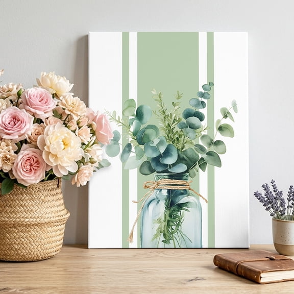 Canvas Wall Art, Sage Green Eucalyptus Leaves Framed Canvas Prints for Living Room Bedroom, Farmhouse Stripe Botanical Gallery Wrapped Wall Decor for Home Office, Gifts, 12"x16" Ship Next Day