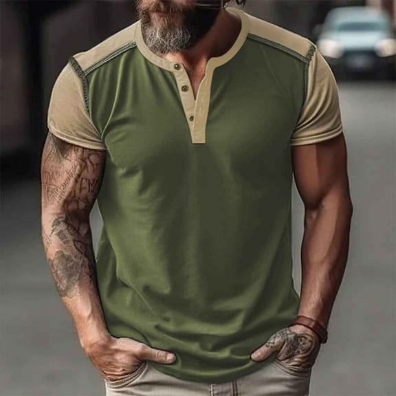 Zylanna Men's Casual T-Shirts, Short Sleeve Fashion Color Patching Crew Neck Shirts for Men Tee Army Green Size 3XL