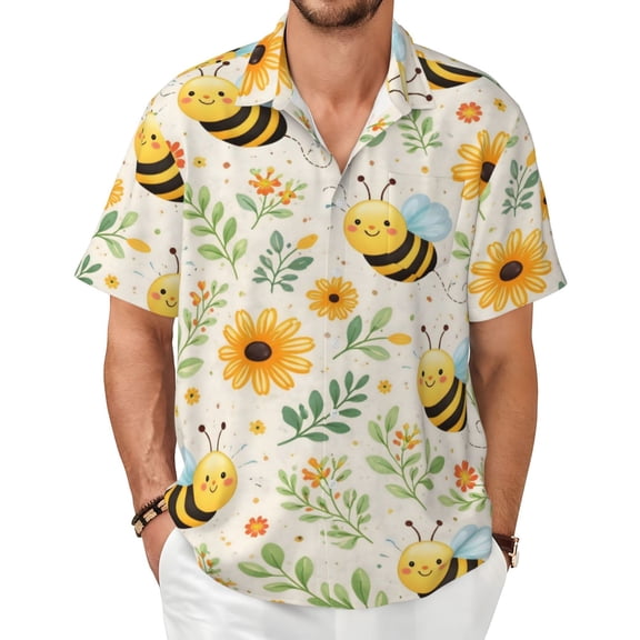 Bee Floral Men's Shirts Short-Sleeved with All-Over Prints Button-Up Shirts