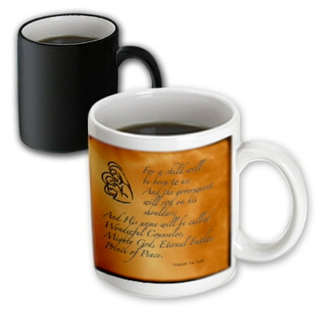3dRose Isaiah 9 6 Bible verse predicting Jesus birth for Christmas engraved on copper background, Magic Transforming Mug, 11oz