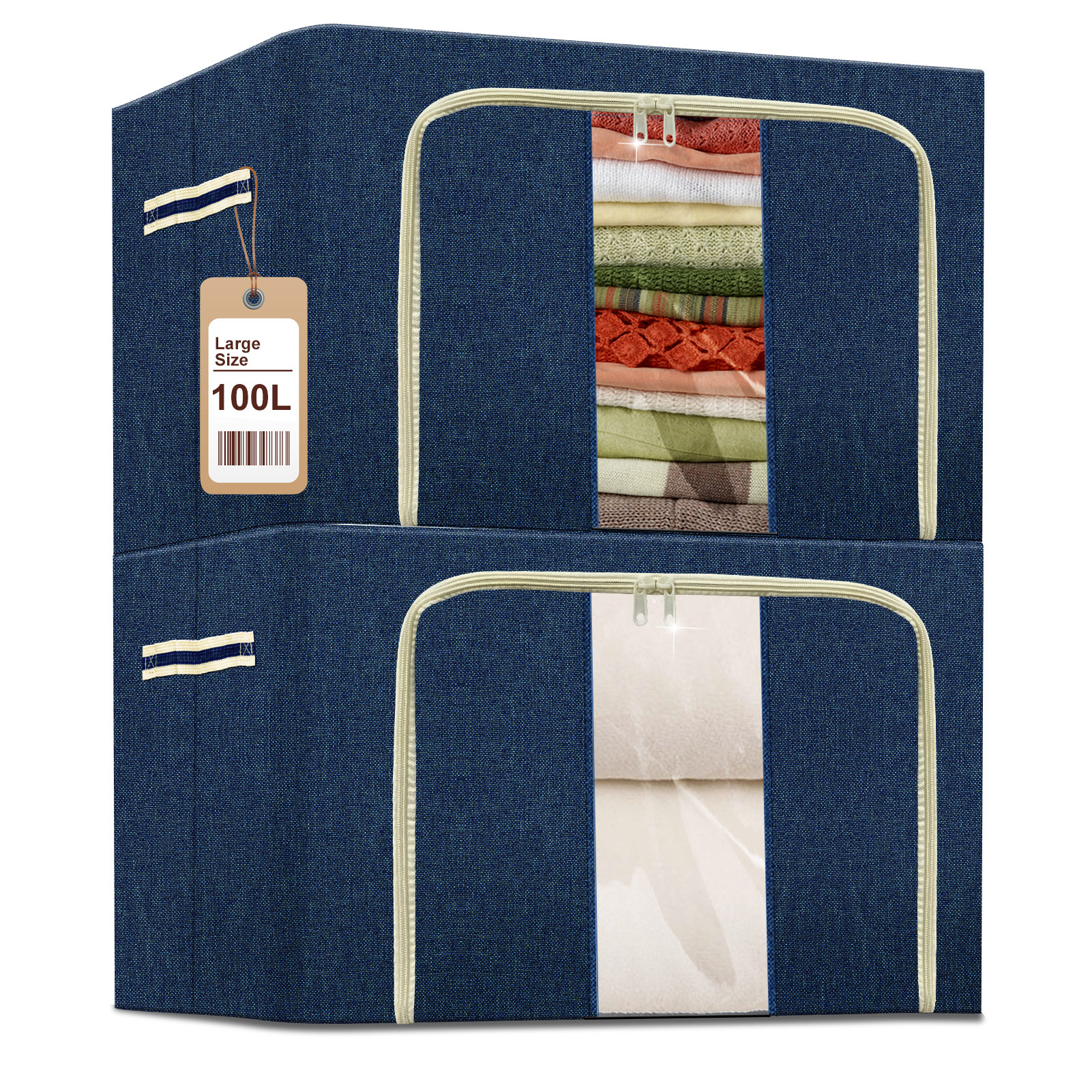 2Pack Clothes Storage Bins Boxes 100L Foldable Stackable Container