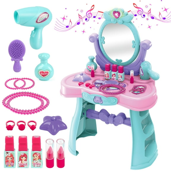 HopeRock Kids Vanity Sets for Little Girls Ages 3-6 Years, Light and Music Princess Vanity Toy Set Gift for Girls with Mirror for Kids 3 4 5 6 Years Old